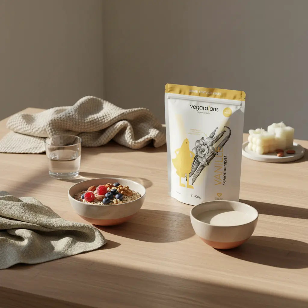 Kaloriendefizit: Minimalistische europäische Küchenaufnahme im Morgenlicht mit nachhaltigem Tisch, Glas Wasser, Haferflocken mit Beeren, Nüssen und veganem Proteinshake, natürliche Texturen