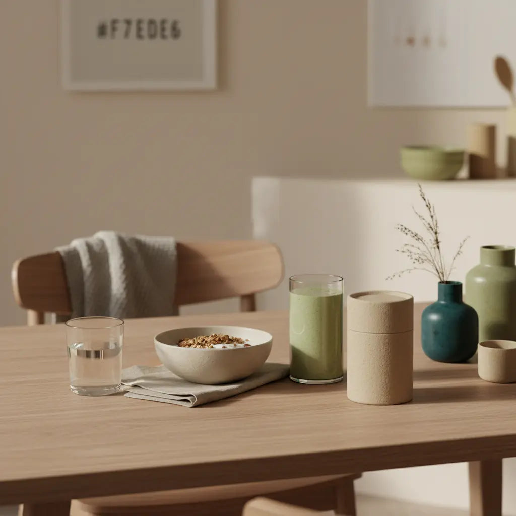 Kann der Körper Krebs selbst bekämpfen? Veganes Frühstück in einer europäischen Küche: Glas Wasser, Granola, Pflanzenjoghurt, Nüsse und Shake auf minimalistischem, nachhaltigem Tisch in erdiger Farbwelt.