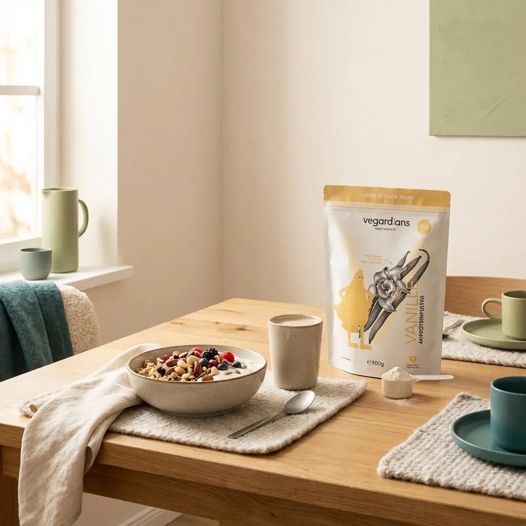 Kann ich mit 2500 kcal abnehmen: Veganes Frühstück auf nachhaltigem Holztisch mit Müsli, pflanzlichem Joghurt, Nüssen, Beeren und dem Referenzprodukt, sanftes Morgenlicht