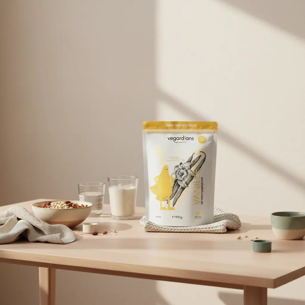 Minimalistische Morgen-Küchenszene mit Holztisch, Glas Wasser, Müsli, pflanzlichem Shake und dem Produkt aus Referenzfotos — Kann man durch Vibration Fett verlieren?