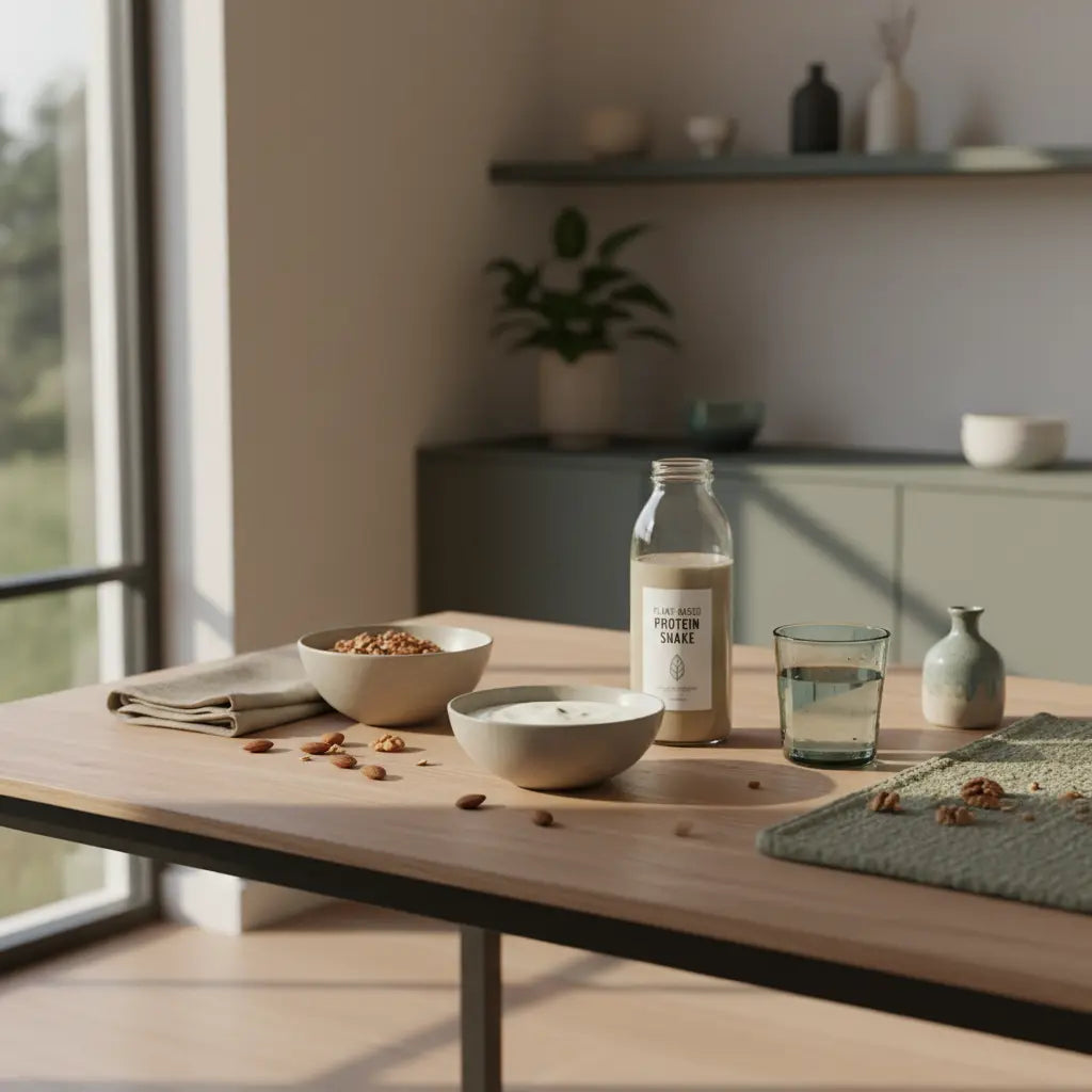 Minimalistische Frühstücksszene mit Granola, veganem Joghurt, Nüssen und Proteinshake in europäischer Küche bei Morgenlicht. Kann man in 4 Wochen fit werden?