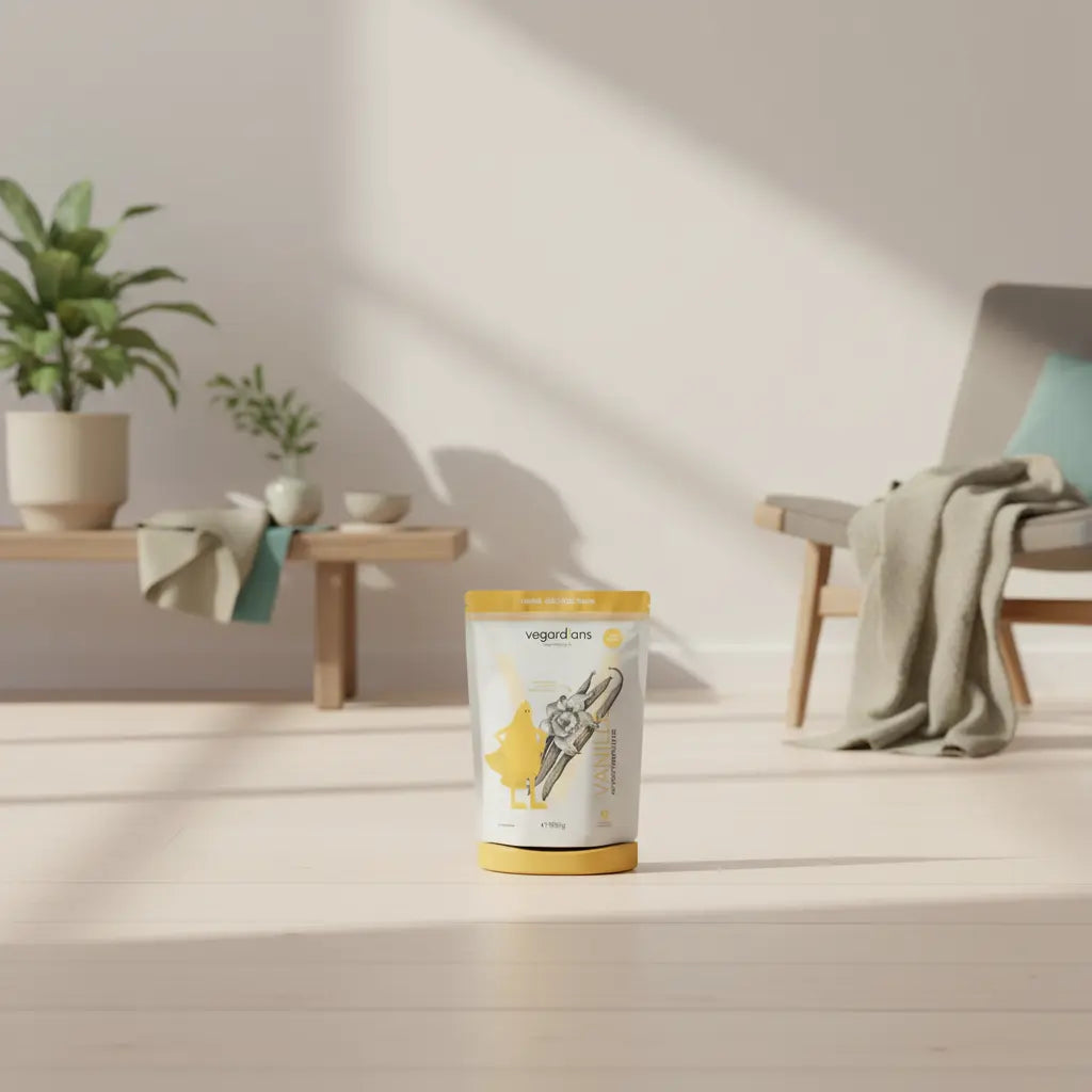 Minimalistische Heimtrainingsszene mit Vibrationsplatte auf Holzboden in hellem skandinavischem Wohnzimmer mit Pflanzen und Morgenlicht. Kann man jeden Tag auf die Vibrationsplatte gehen?