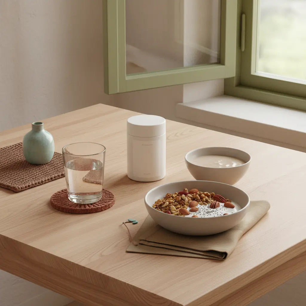 Kann man sich rein pflanzlich ernähren? Minimalistische Frühstücksszene mit Granola, pflanzlichem Joghurt, Nüssen und Shake in erdigen, ruhigen Tönen.