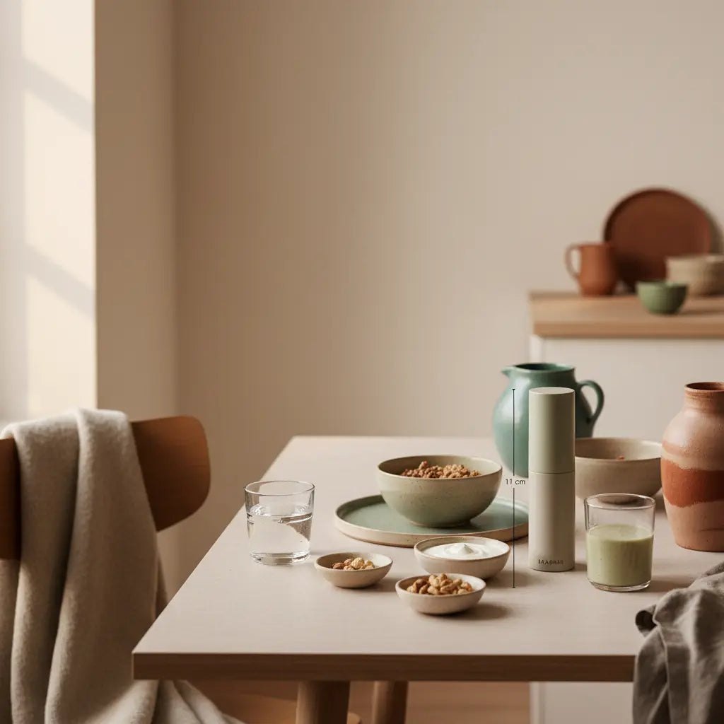 Minimalistisches veganes Frühstück mit Granola, pflanzlichem Joghurt, Nüssen und Shake auf nachhaltigem Tisch im warmen Morgenlicht — kein tierisches Eiweiß