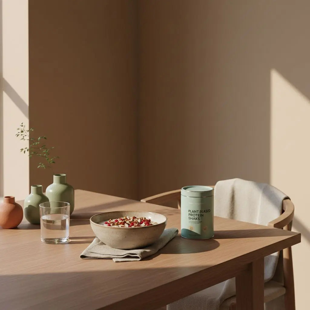 Kohlenhydratarmes Frühstück auf nachhaltigem Holztisch mit Nussjoghurt, Beeren, Nüssen, pflanzlichem Shake und Glas Wasser – keto lebensmittel liste