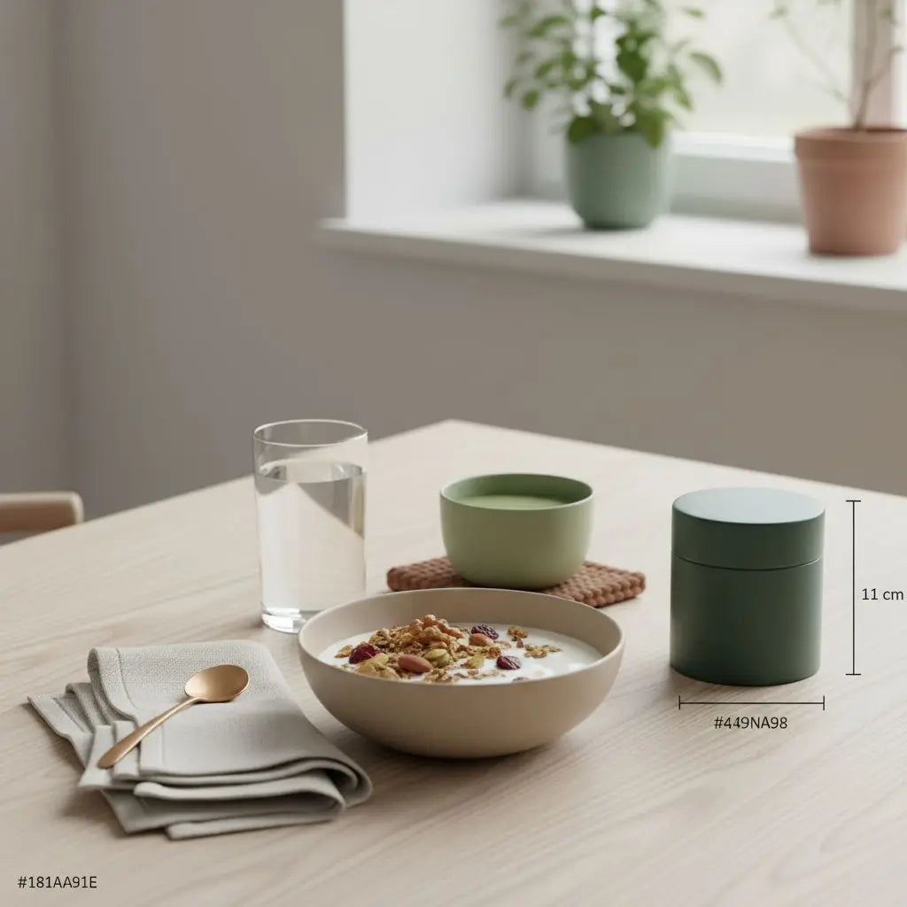 keto-veganes Frühstück mit Granola, Joghurt, Nüssen und Shake in minimalistischer europäischer Küche, erdige Vegardians-Farben, weiches Morgenlicht