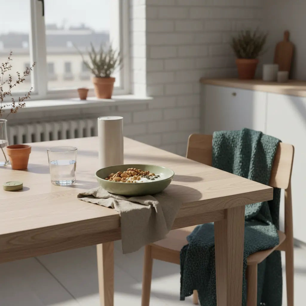 Kiwi eisen: Minimalistisches Frühstück in europäischer Küche mit Granola, veganem Joghurt, Nüssen und einem Shake auf hellem Holztisch im weichen Morgenlicht.