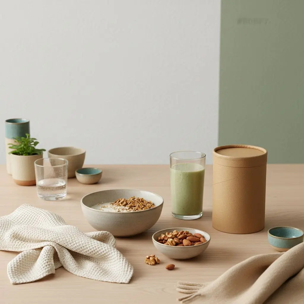 Veganer Frühstückstisch in europäischer Küche bei Morgenlicht: Hafer, pflanzlicher Joghurt, Nüsse und Proteinshake auf nachhaltigem Holztisch – kostenloses Abnehmprogramm