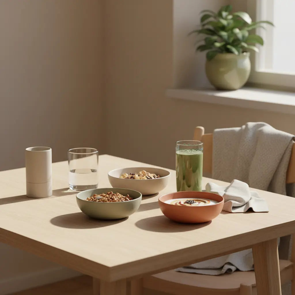 Veganes Frühstück in europäischer Küche mit Granola, Joghurt, Nüssen und Shake, klares Wasserglas und nachhaltiges Geschirr, warme Woll- und Leinenakzente, Krafttraining 3x pro Woche