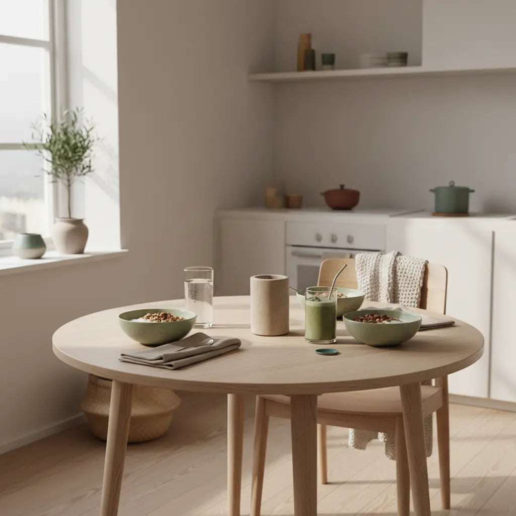 Minimalistisches veganes Frühstück in europäischer Küche mit Granola, Joghurt, Shake und Produkt auf dem Tisch — Krafttraining Psyche