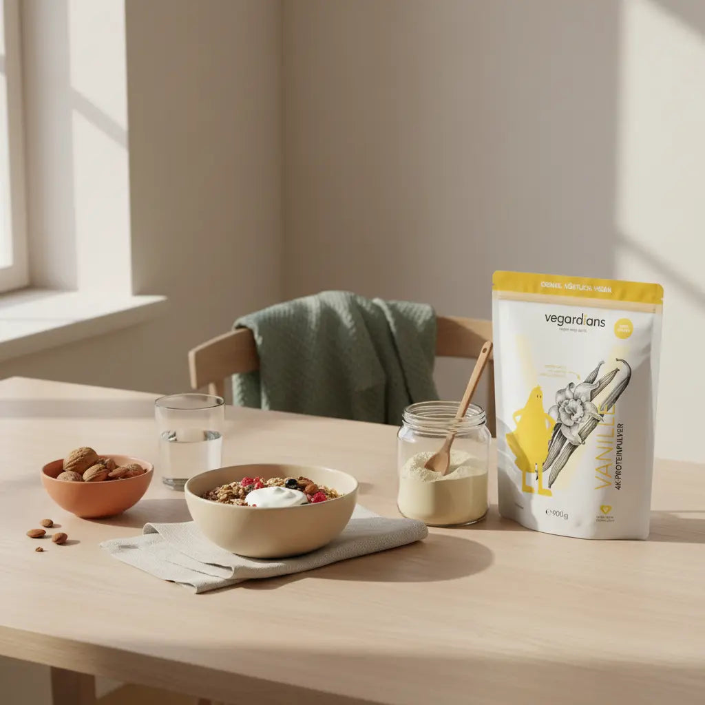 Vegardians-Protein auf nachhaltigem Holztisch mit Müsli, Nüssen und Glas Wasser in ruhiger Morgenküche – ideal für Krafttraining zum Abnehmen