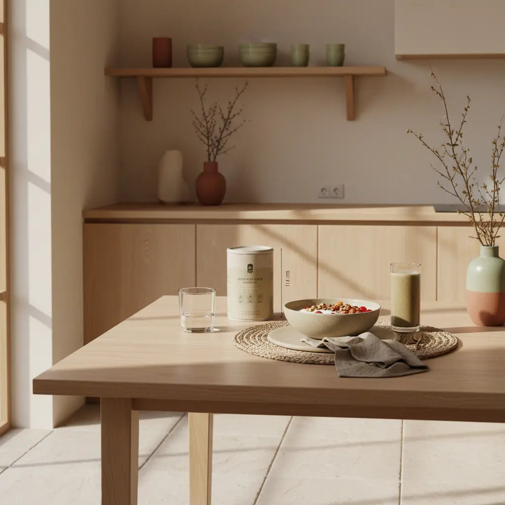 Minimalistisches Frühstück in europäischer Küche: Granola, pflanzlicher Joghurt, Nüsse und Shake auf nachhaltigem Tisch im Morgenlicht — lebensmittel für sixpack vegetarisch