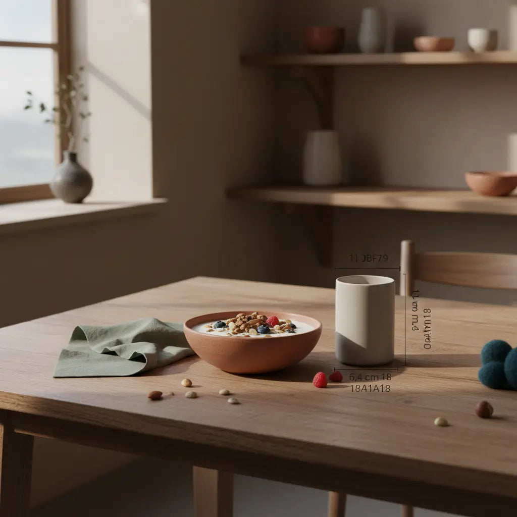Minimalistische Morgenaufnahme eines Holztisches mit Hafer‑Joghurt, Nüssen, Beeren und neutralem Shake – Lebensmittel zum Abnehmen in ruhiger beige‑salbei Terrakotta‑Palette