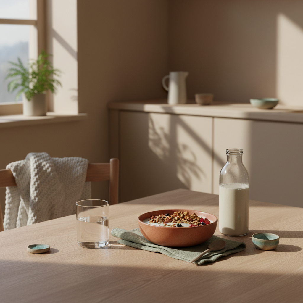 Minimalistisches veganes Frühstück in heller europäischer Küche mit Granola, pflanzlichem Joghurt, Nüssen, Shake und dem Produkt aus den Referenzfotos — milchprodukte bodybuilder meiden