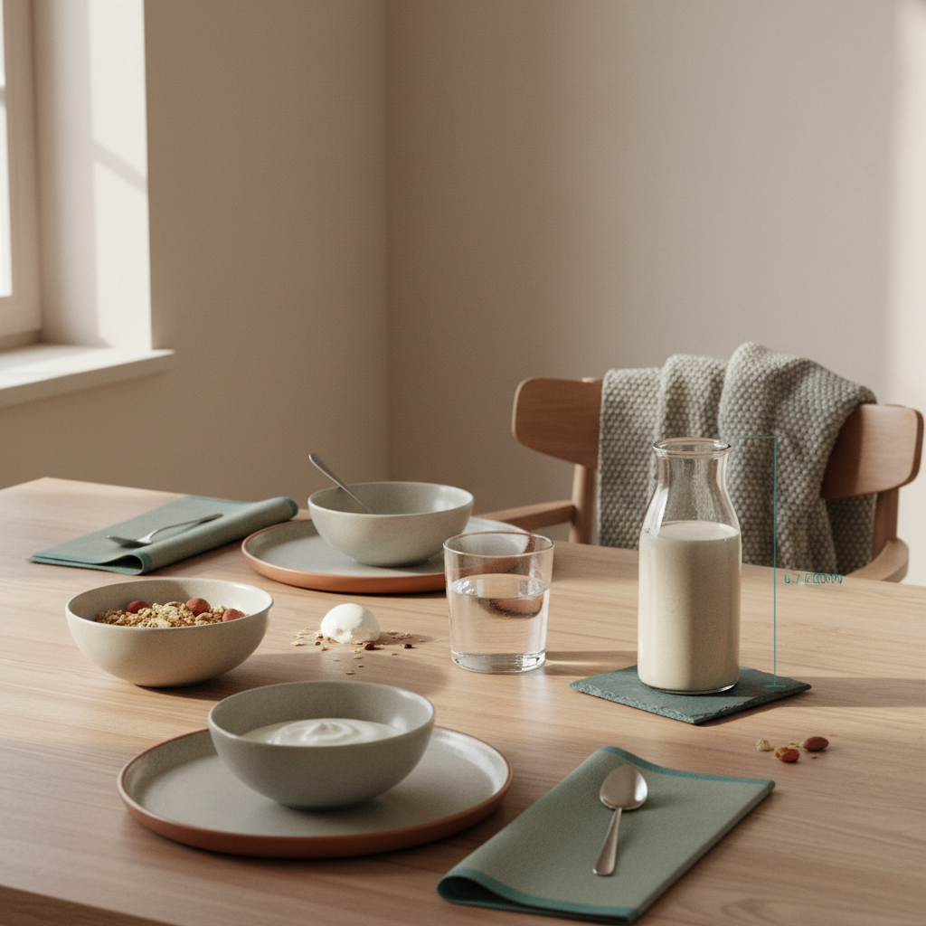 Motivation fürs Gym: Minimalistisches, nachhaltiges Frühstück mit Granola, Joghurt, Nüssen und veganem Shake auf Holztisch im weichen Morgenlicht, Produkt aus Referenzfotos sichtbar.