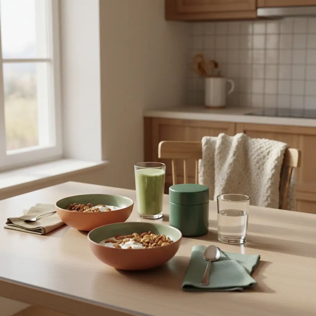 Minimalistisches Frühstück in europäischer Küche mit Granola, Joghurt, Nüssen, Shake und dem Produkt aus den Referenzfotos – Motivation im Winter.