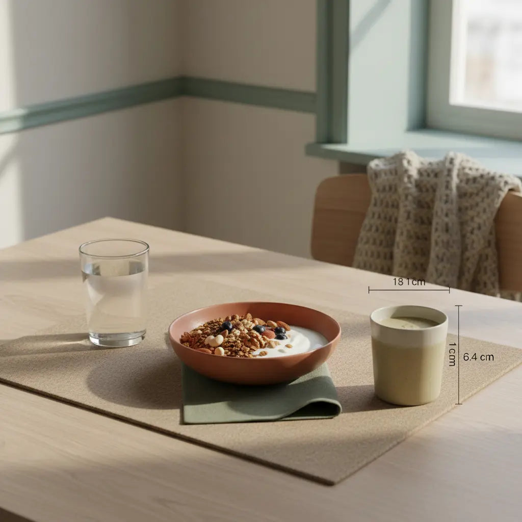 Minimalistischer veganer Frühstückstisch im Morgenlicht mit Granola, Joghurt, Nüssen und Shake, dezente Woll- und Leinenakzente – motivation im winter für achtsame Morgenroutine.