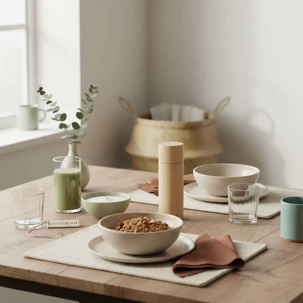 Motivation zum Sport Mädchen: ruhiges Morgenfrühstück mit veganem Granola, Joghurt, Nüssen und Shake auf nachhaltigem Tisch vor beigem Hintergrund.