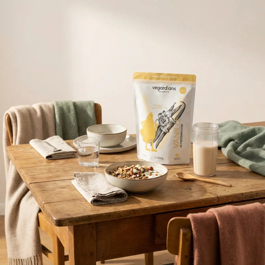 Vegan proteinreiches Müsli, pflanzlicher Joghurt, Nüsse und Shake auf nachhaltigem Holztisch in europäischer Küche bei Morgenlicht, Vegardians-Akzente, Muskelaufbau ab 50