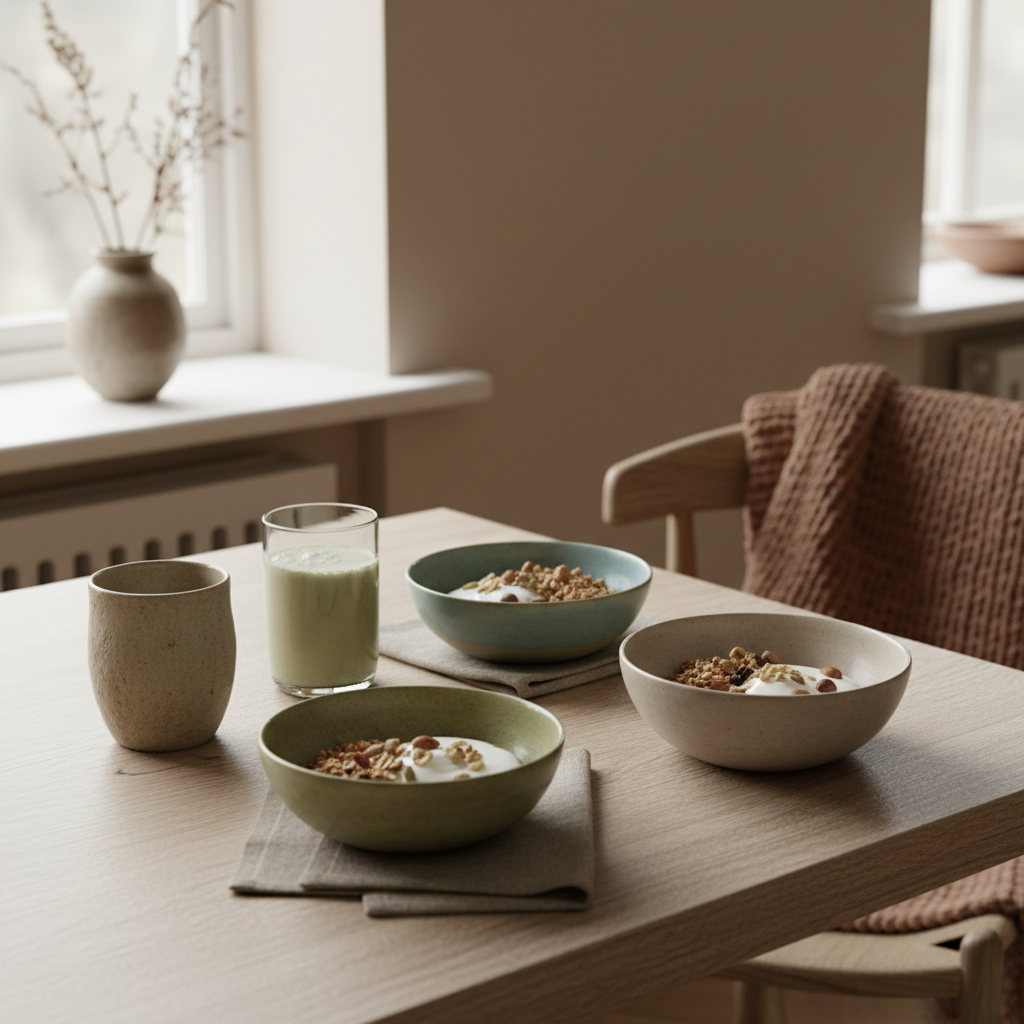 Veganes, nährendes Frühstück mit Granola, pflanzlichem Joghurt, Nüssen und Shake in minimalistischer Küche – ideal für Muskelaufbau Ernährung