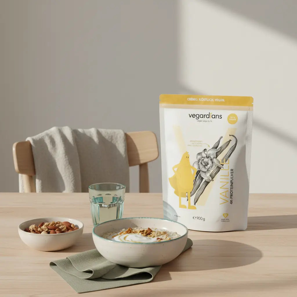 Nachhaltiger Frühstückstisch mit Müsli, Sojajoghurt, Nüssen, Glas Wasser und neutralem Proteinshake in minimalistischer Morgenlicht-Szene – Muskelaufbau Ernährung