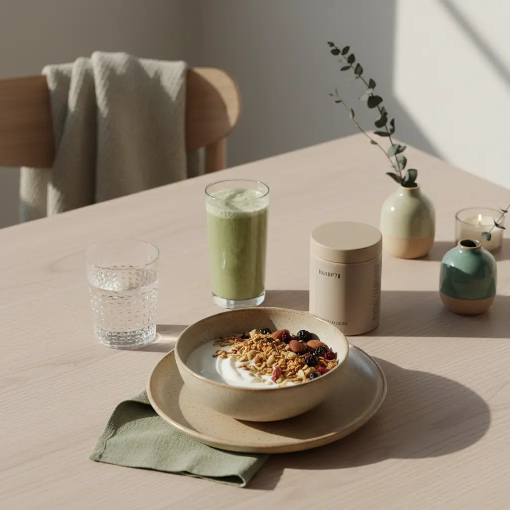 Veganer Frühstückstisch mit Müsli, Joghurt, Nüssen und Shake im hellen Morgenlicht, nachhaltiges Setting mit dem Produkt aus den Referenzfotos – förderlich für Muskelaufbau nach 40.