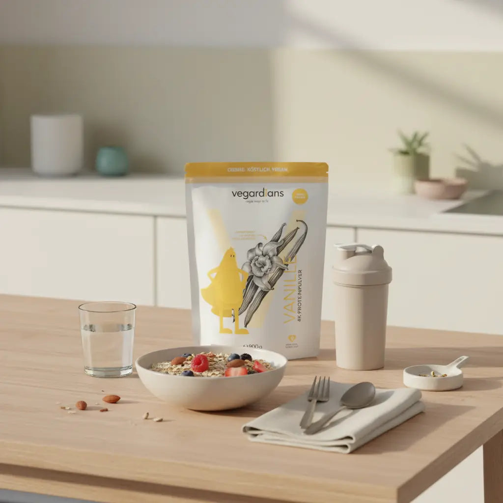 Morgendliches minimalistisches Frühstück auf nachhaltigem Holztisch mit Glas Wasser, Haferflocken, Nüssen, Beeren, Proteinshake und Produkt aus Referenzfotos – muskelaufbau ohne geräte