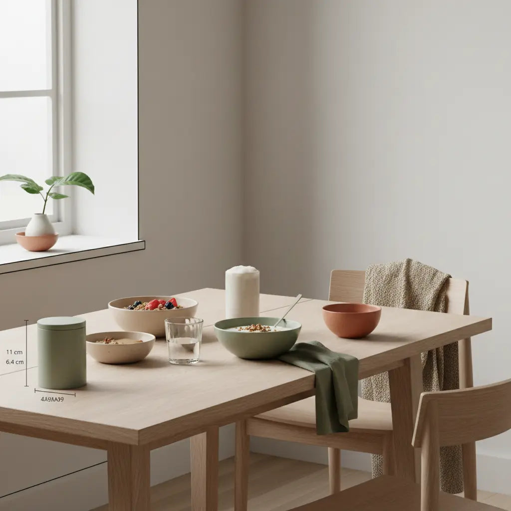 Minimalistisches Frühstück mit Granola, pflanzlichem Joghurt, Nüssen und Shake auf Holztisch im Morgenlicht – ruhige, nährende Stimmung für Muskelaufbau ohne Protein.