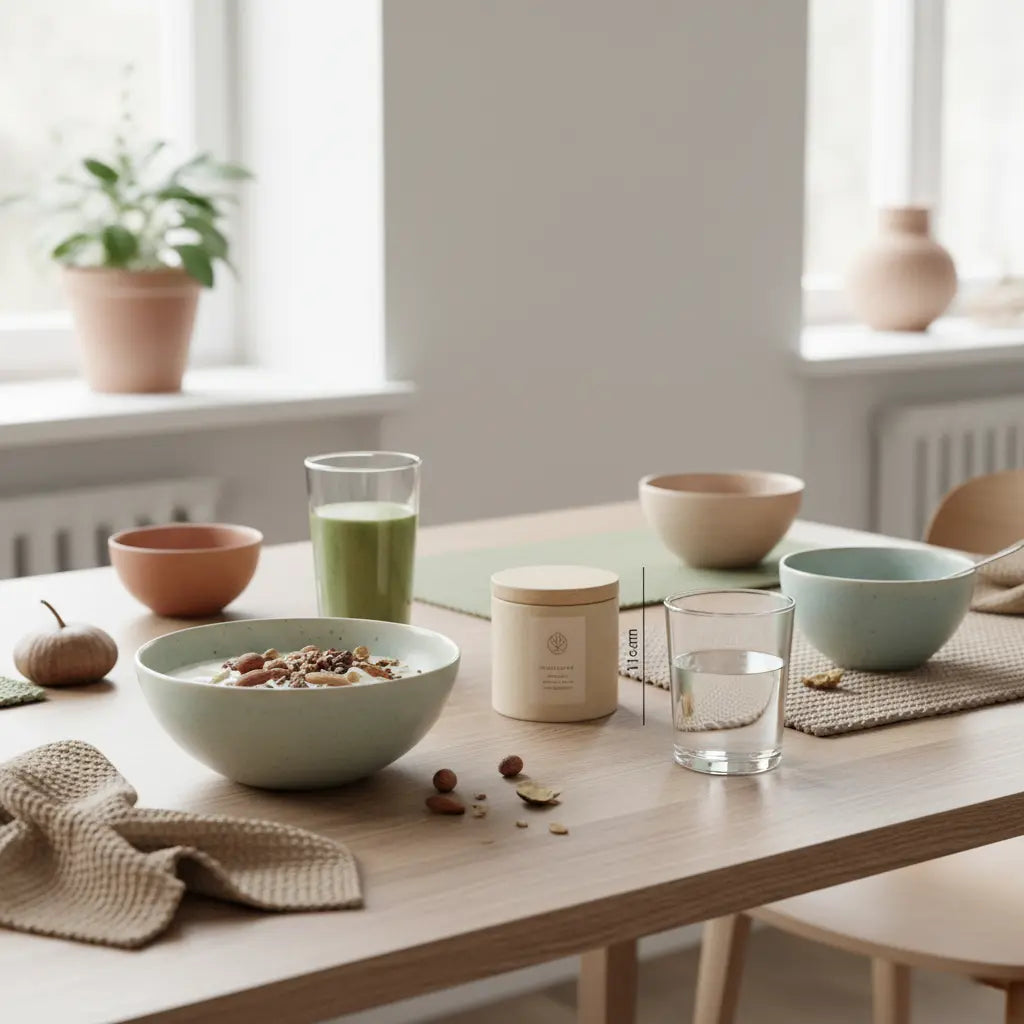 Veganes Frühstück mit Granola, Joghurt‑Alternative, Nüssen und Shake auf nachhaltig gedecktem Tisch in europäischer Küche, nährend und ideal für Muskelaufbau.