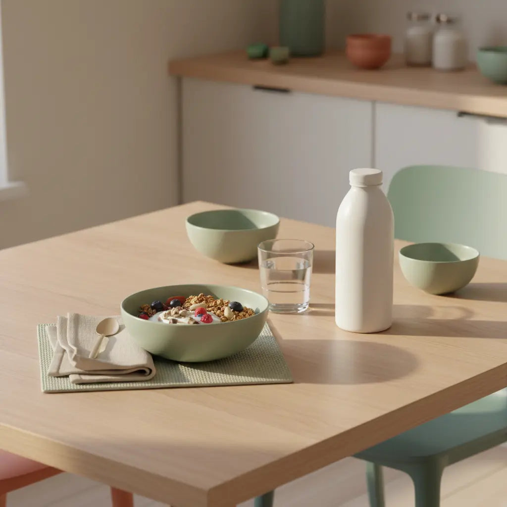 Minimalistischer Frühstückstisch mit veganer Müslischale, Wasser und Proteinshake in schlichter Flasche – ruhige europäische Küche im Morgenlicht, muskelaufbau während diät