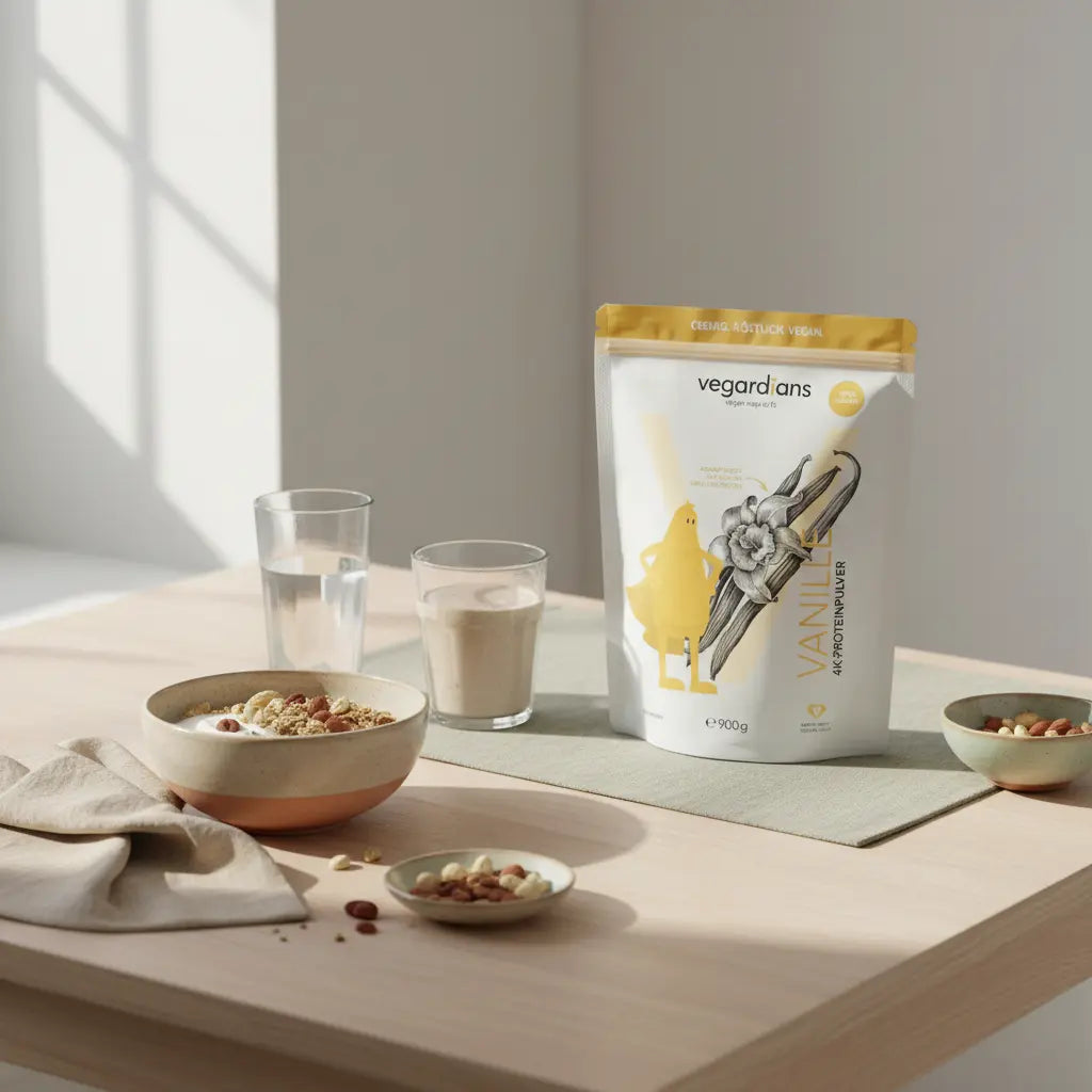 Morgendliche europäische Küchen-Szene mit Holztisch, Glas Wasser, Müsli, Nüssen und veganem Proteinshake neben dem Produkt aus den Referenzfotos – Muskelaufbaupräparate