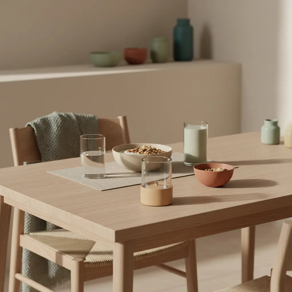 Minimalistisches veganes Frühstück mit Granola, Joghurt, Nüssen, Shake, Wasserglas und dem Produkt für Muskelpump auf einem aufgeräumten Tisch in Vegardians-Farben.