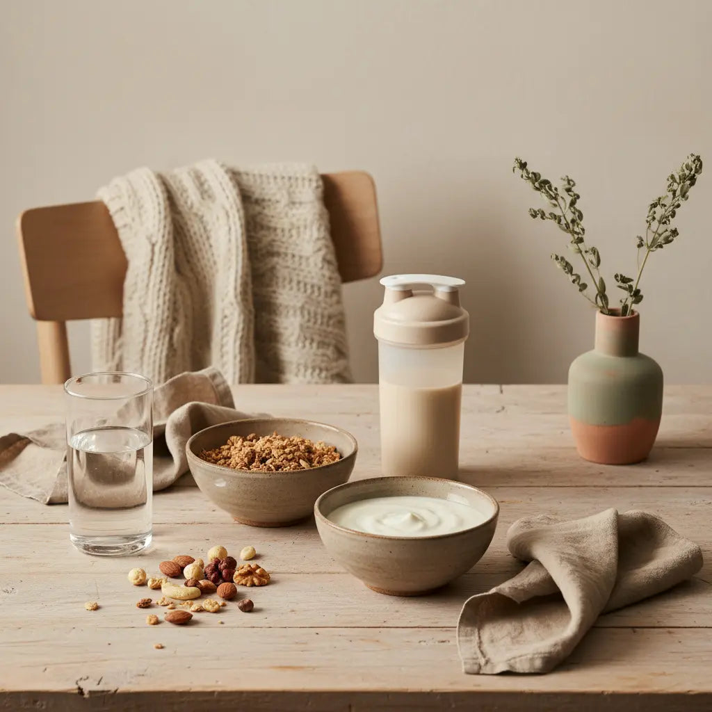 Minimalistisches veganes Frühstück in europäischer Küche mit Granola, Pflanzjoghurt, Nüssen und Shake in Vegardians-Farben; nachteile pflanzliche ernährung