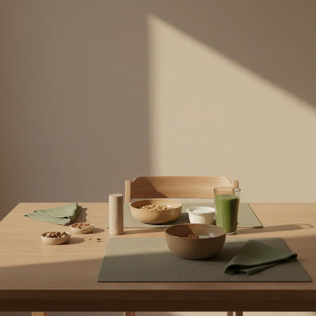 Minimalistische Frühstücksszene mit Granola, pflanzlichem Joghurt, Nüssen, Shake und Produkt auf nachhaltigem Tisch – nährstoffdichte lebensmittel