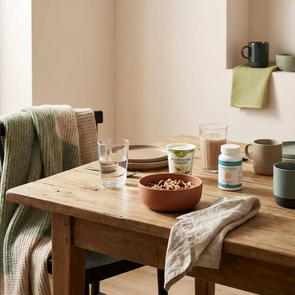 Minimalistische Frühstücksszene mit Müsli, pflanzlichem Joghurt, Proteinshake und Glas Wasser auf nachhaltigem Holztisch – nährstoffe bei erschöpfung