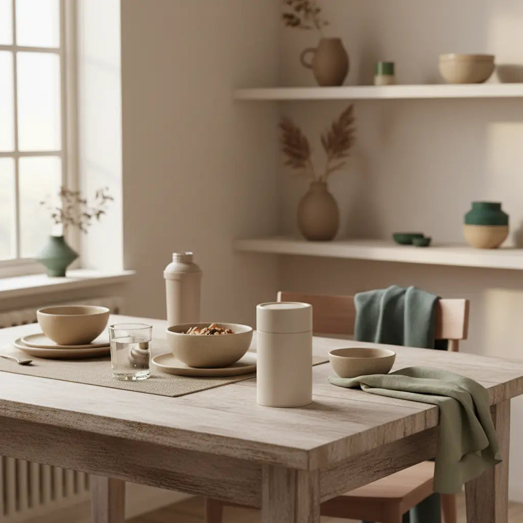 Minimalistische Frühstückstafel mit Granola, Joghurt, Nüssen, Shake-Flasche und Glas Wasser in sanftem Morgenlicht – Produktfoto für Nahrungsergänzungsmittel Niereninsuffizienz.