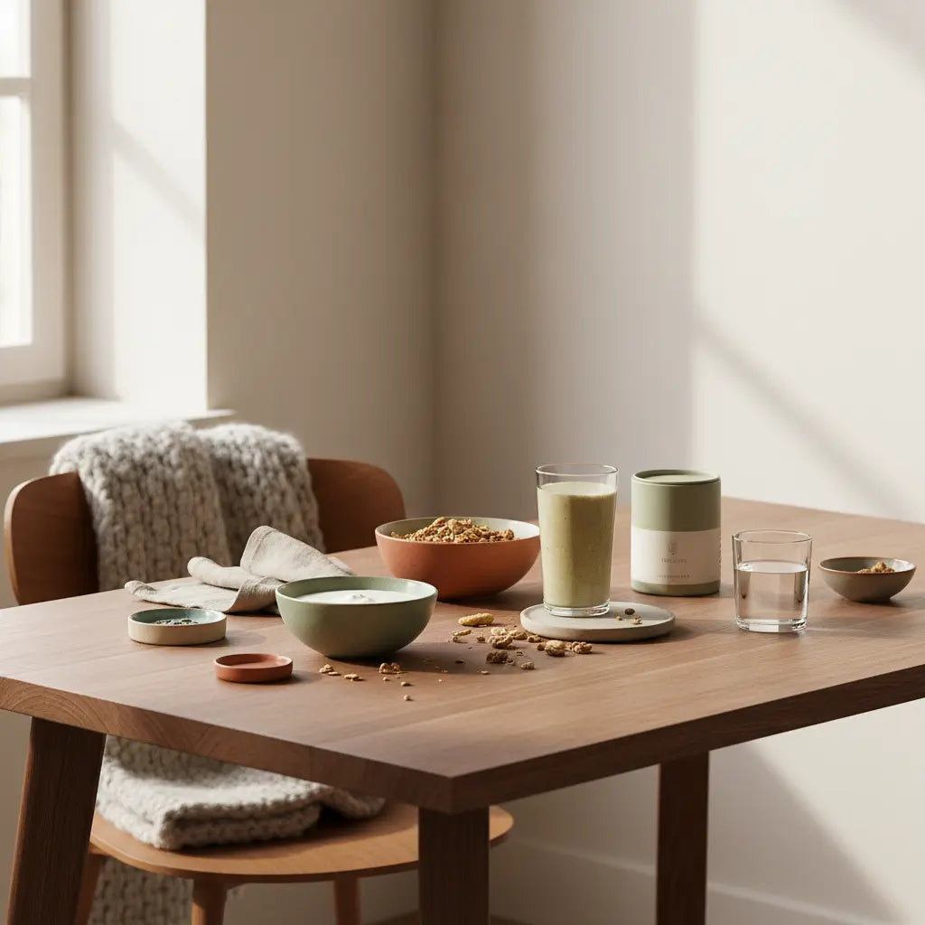 Minimalistisches veganes Frühstück mit Granola, Pflanzenjoghurt, Nüssen und Shake auf Holztisch im weichen Morgenlicht – Bild zur Inspiration für Obst für Muskelaufbau.