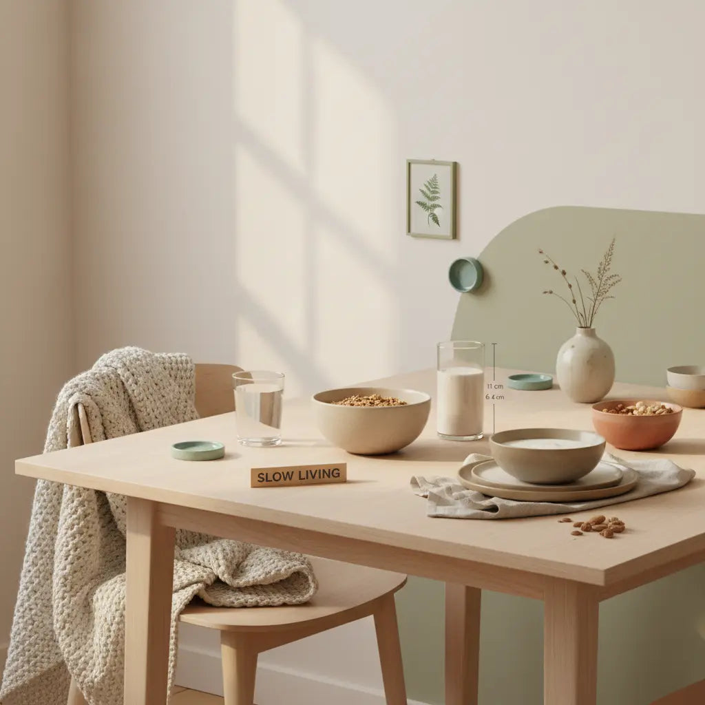 Veganes Frühstück mit Granola, Pflanzenjoghurt, Nüssen und Shake in heller europäischer Küche; Produkt aus Referenzfotos auf dem Tisch — ohne Erkältung durch den Winter