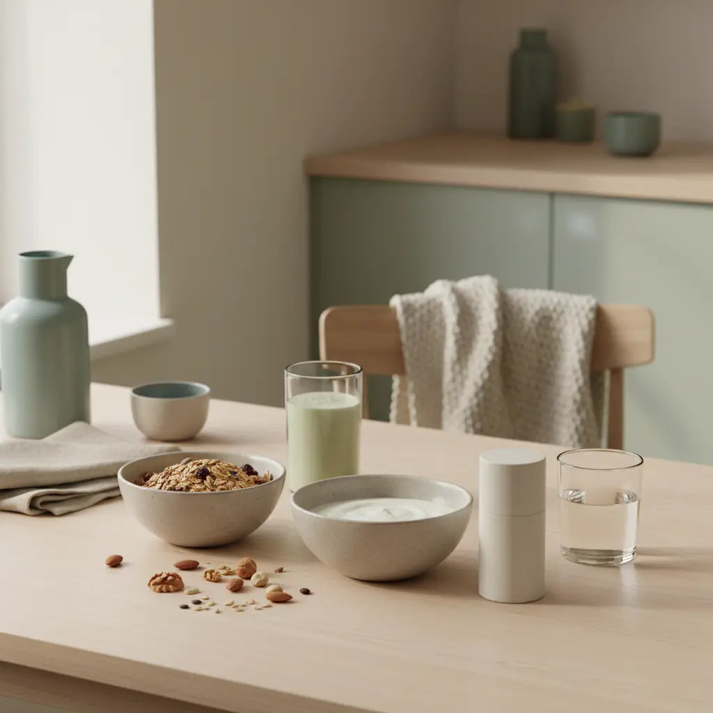 Minimalistisches Frühstück mit Granola, pflanzlichem Joghurt, Nüssen und Shake neben dem Produkt aus Referenzfotos im warmen Morgenlicht, erdige Vegardians-Farben – Omega-3 dauerhaft einnehmen.