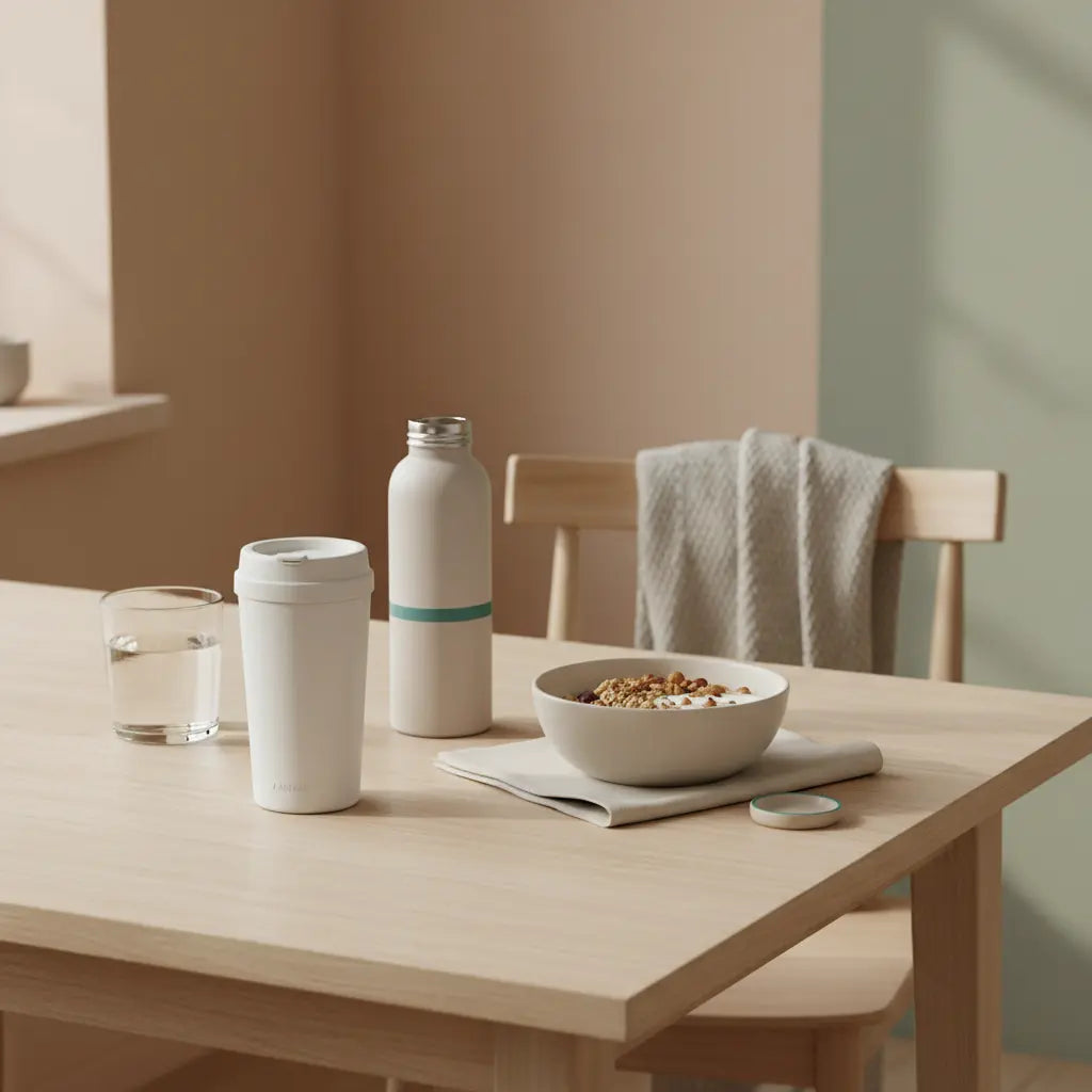 Ruhiges veganes Frühstücks-Set mit Glas Wasser, Granola-Bowl, neutraler Shake-Flasche und dem Produkt aus den Referenzfotos auf einem minimalen Tisch – omega-3 dosierung