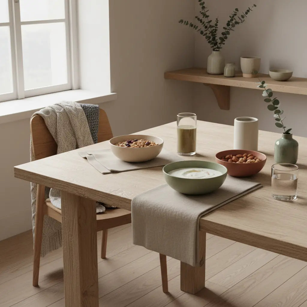 Veganes Frühstück mit Granola, pflanzlichem Joghurt, Nüssen und Shake auf nachhaltigem Tisch, omega-3 entzündungshemmend