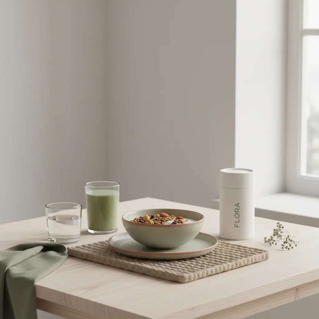 Minimalistisches Frühstück mit Granola, pflanzlichem Joghurt, Nüssen, einem Shake und Vegardians-Produkt auf nachhaltigem Tisch, betont omega-3 immunsystem.