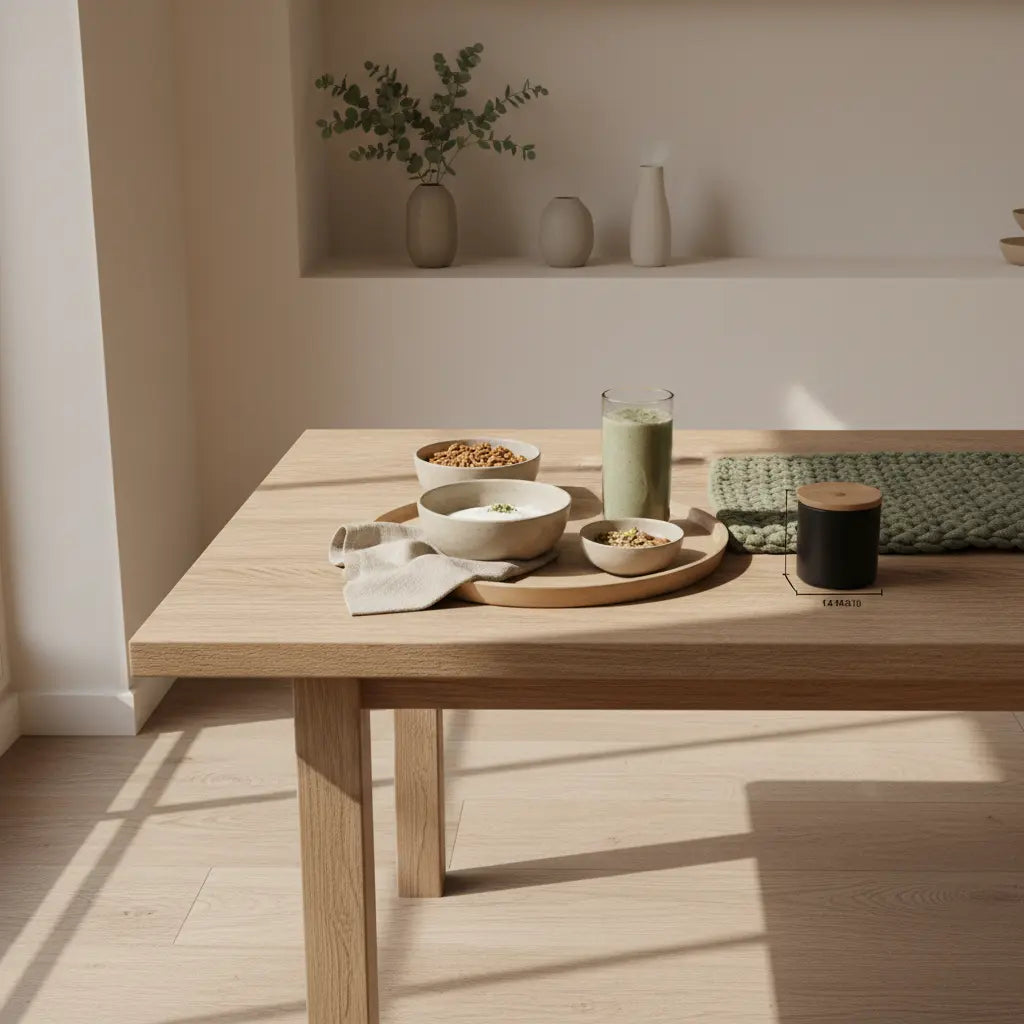 Veganes Frühstück mit Granola, pflanzlichem Joghurt, Nüssen und Shake in minimalistischem, warmem Küchenambiente mit Vegardians-Farben – Omega-3 Mangel Symptome im Ernährungskontext.