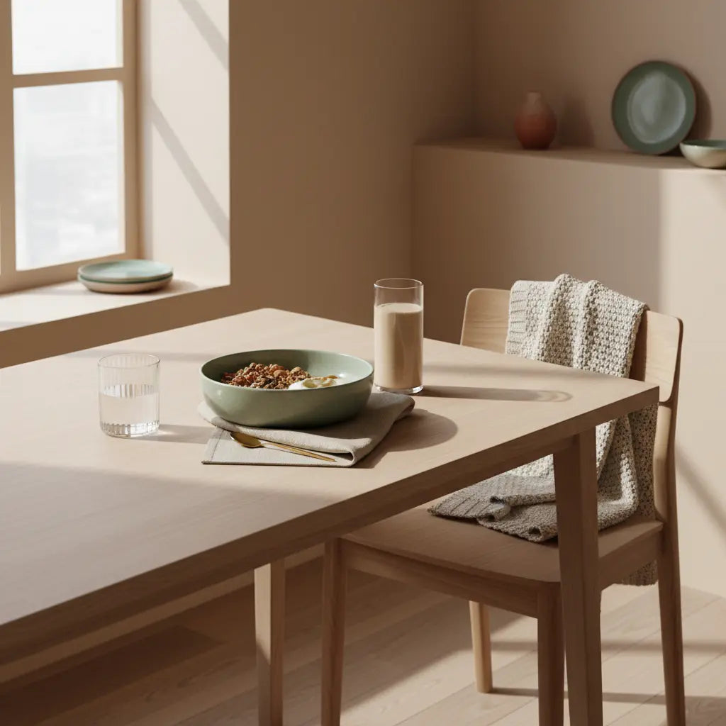 Minimalistisches Frühstück in europäischer Küche mit Granola, veganem Joghurt, Nüssen und Shake auf nachhaltigem Geschirr, dezent platziertes Produkt aus den Referenzfotos — omega-3 psyche