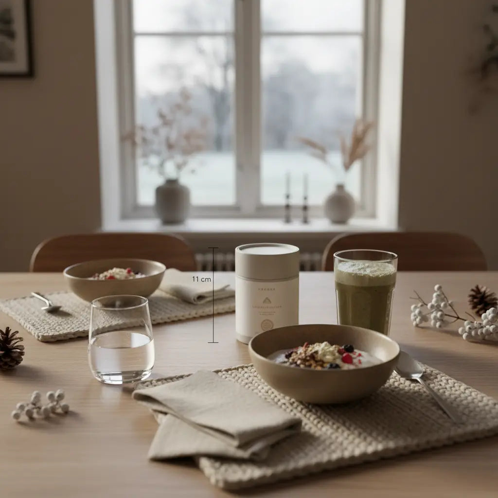 Minimalistischer Frühstückstisch mit veganem Müsli, Shake und Glas Wasser in ruhiger Morgenstimmung — Kontext omega-3 überdosierung