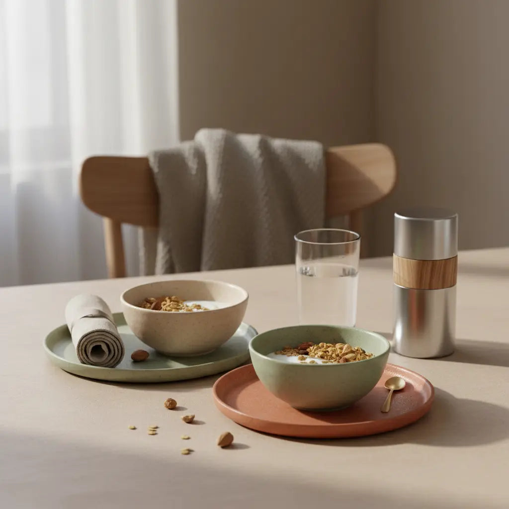 Minimalistisches veganes Frühstück in heller Küche mit Granola, Joghurt und Shake – partner zur bewegung motivieren durch Morgenritual