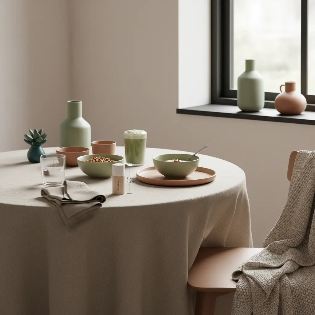 Veganes Frühstück mit Granola, Joghurt, Nüssen und Shake auf nachhaltigem Tisch in europäischer Küche, ruhige erdige Farben, pflanzen für Muskelaufbau