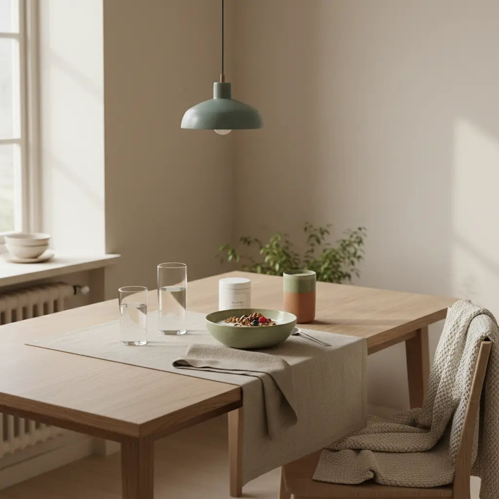 Minimalistisches Frühstück mit pflanzenbasierter Ernährung: Granola, pflanzlicher Joghurt, Nüsse und Shake auf nachhaltigem Tisch in hellem, europäischen Küchenambiente.