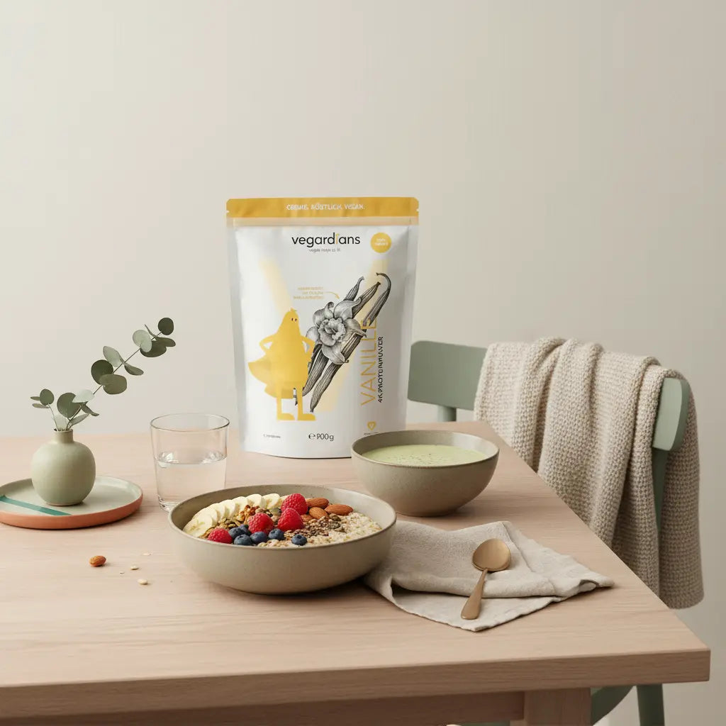 Minimalistisches Frühstück mit Haferbrei, Früchten, Nüssen und pflanzlichem Shake auf nachhaltigem Holztisch im sanften Morgenlicht – pflanzenbasierte Ernährung.