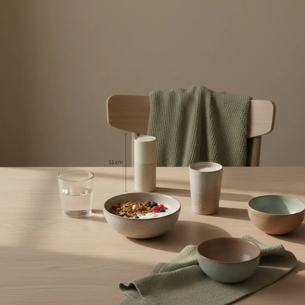 Minimalistische Frühstücksszene in europäischer Küche mit Granola, veganem Joghurt, Nüssen und Shake, Woll- und Leinenakzente auf #F7EDE6 Hintergrund — nährend, pflanzenbasierte ernährung gesund